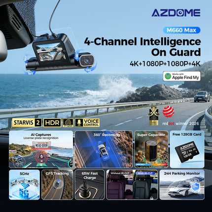 <tc>AZDome</tc> M660 Max 4 canales, 128 GB, 4K, <tc>Wifi</tc> GPS, 360 grados <tc>dashcam</tc>