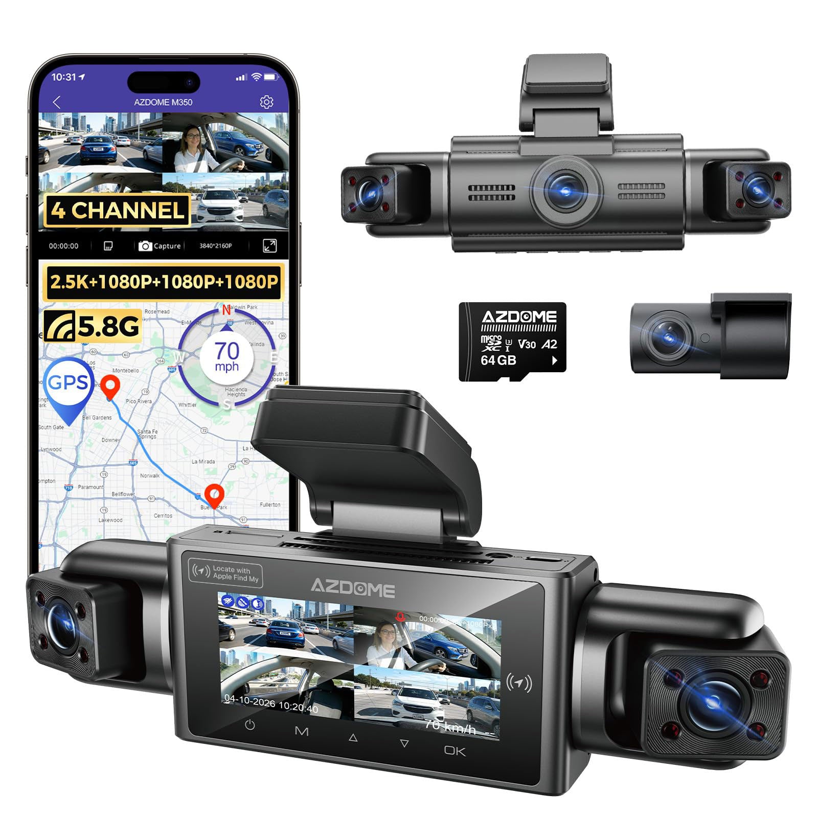 AZDome M350 4CH 2K wifi GPS 64 GB 360 grados — dashcam