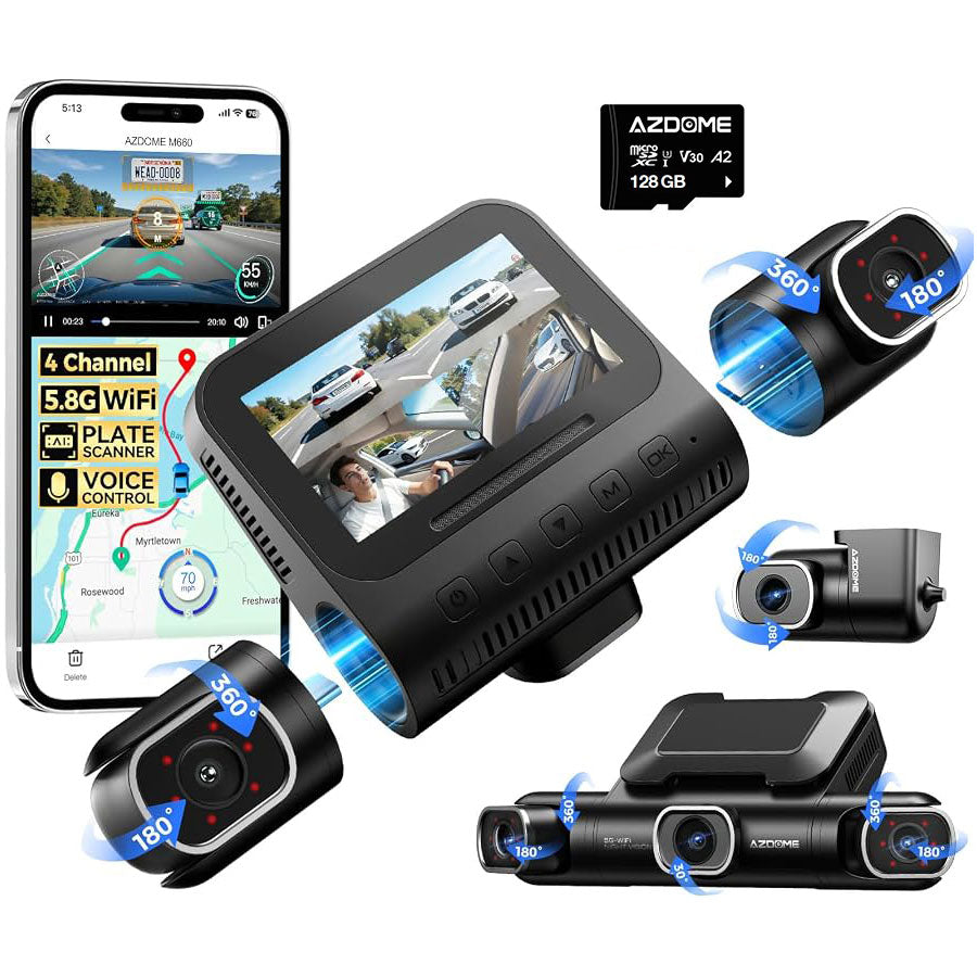 <tc>AZDome</tc> M660 Max 4 canales, 128 GB, 4K, <tc>Wifi</tc> GPS, 360 grados <tc>dashcam</tc>
