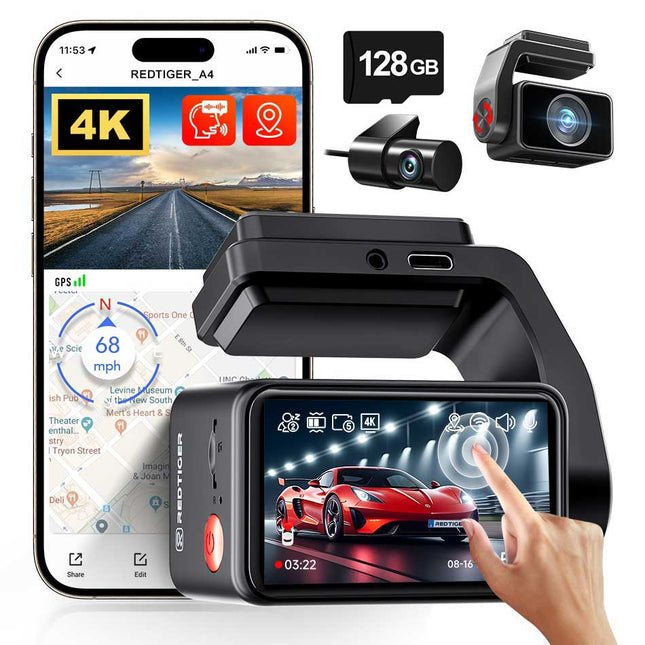 Redtiger F4 Pro 2CH 4K Touch Wifi GPS 128gb dashcam