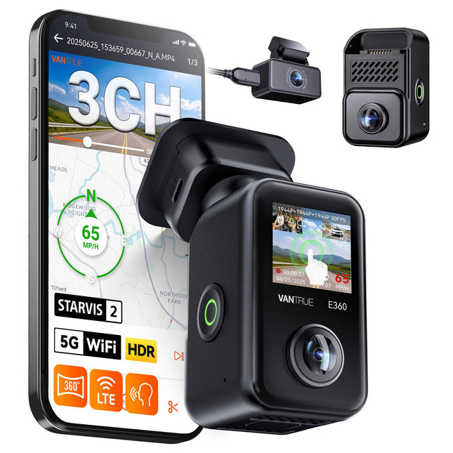 Vantrue E360 Plus Cloud 5K 3CH Wifi GPS dashcam 360 grados
